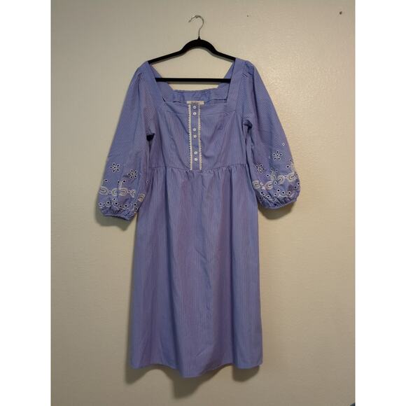 Simple Retro Indigo Embroidered Puff Sleeve Square Neck Dress Blue Purple Large - Picture 2 of 7